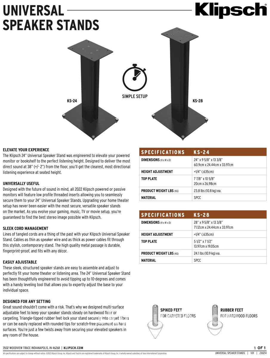 Klipsch  KS-24 Bookshelf Speaker Stands For "The Sevens and Nines I & II" - New - Image 12